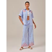 Striped Embroidered Oversized Shirt Wide leg Pants Set