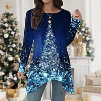 Christmas Shirt Women's T shirt Tee Christmas Tree Sparkly Red Blue Purple Flowing tunic Print Long Sleeve Party Christmas Weekend Festival  Holiday Round Neck Regular Fit Spring   Fall Lightinthebox - thumbnail
