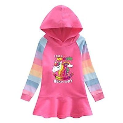 Kids Girls' Dress Cartoon Unicorn A Line Dress Dress School Crew Neck Long Sleeve Active Dress 7-13 Years Winter Blue Purple Pink Lightinthebox
