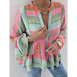 Women's Shirt Peplum Geometric Daily Vacation Print Bell Sleeve Pink Long Sleeve Casual V Neck Spring Fall Lightinthebox