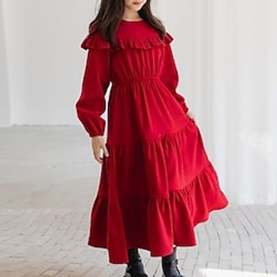 Kids Girls' Dress Solid Color Long Sleeve Casual Ruffle Patchwork Adorable Daily Polyester Maxi Skater Dress Fall Winter 4-12 Years Black Yellow Red Lightinthebox