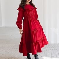 Kids Girls' Dress Solid Color Long Sleeve Casual Ruffle Patchwork Adorable Daily Polyester Maxi Skater Dress Fall Winter 4-12 Years Black Yellow Red Lightinthebox - thumbnail