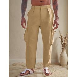 Men's Linen Pants Trousers Summer Pants Elastic Waist Multi Pocket Straight Leg Solid Color Comfort Breathable Full Length Holiday Beach Vacation Fashion White Blue Inelastic Lightinthebox