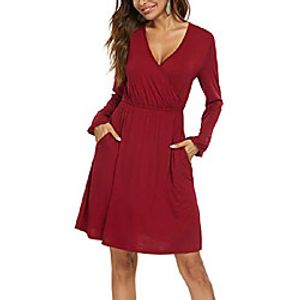 dgmyg women's v-neck long sleeve flared a-line party casual dress with pockets s wine Lightinthebox
