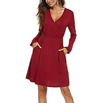 dgmyg women's v-neck long sleeve flared a-line party casual dress with pockets s wine Lightinthebox