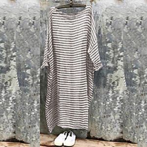 Women's Shift Dress Maxi long Dress Gray Red Long Sleeve Striped Print Fall Round Neck Casual 2021 M L XL XXL Lightinthebox