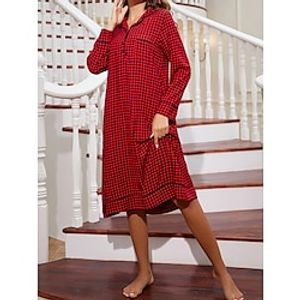 Women's Casual Dress Night Dress Midi Dress Daily Basic Button Plaid Turndown Home Lounge Red 2023 Fall Winter M L XL XXL Lightinthebox