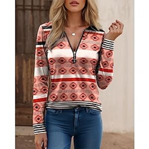 Women's T shirt Tee Geometric Yellow Red Blue Print Quarter Zip Long Sleeve Casual Fashion Round Neck Regular Fit Spring   Fall Lightinthebox