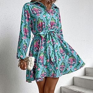 Women's A Line Dress Short Mini Dress Green Long Sleeve Floral Lace up Button Print Fall Winter Shirt Collar Casual Vacation 2022 S M L XL miniinthebox