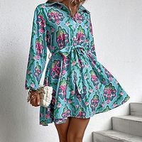 Women's A Line Dress Short Mini Dress Green Long Sleeve Floral Lace up Button Print Fall Winter Shirt Collar Casual Vacation 2022 S M L XL miniinthebox - thumbnail