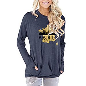 Women's Painting T shirt Text Paris La Tour Eiffel Long Sleeve Pocket Print Round Neck Basic Tops Blue Blushing Pink Dark Gray Lightinthebox