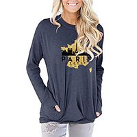 Women's Painting T shirt Text Paris La Tour Eiffel Long Sleeve Pocket Print Round Neck Basic Tops Blue Blushing Pink Dark Gray Lightinthebox - thumbnail