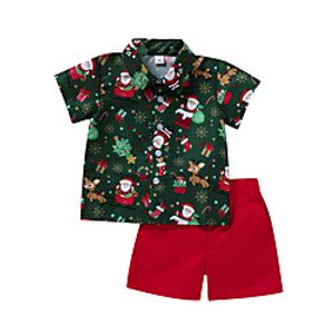 Kids Boys' Shirt  Shorts Clothing Set 2 Pieces Short Sleeve Green Deer Cartoon Print Christmas Casual / Daily Active Sports Regular 3-6 Years miniinthebox