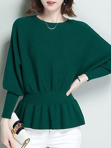 Round Neck Patchwork Elegant Plain Batwing Sleeve Long Sleeve Knit Pullover
