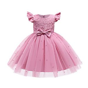 Kids Little Girls' Dress Solid Colored Color Block A Line Dress Daily Vacation Lace Bow Blushing Pink White Midi Short Sleeve Casual Princess Dresses Summer Regular Fit 1-5 Years miniinthebox