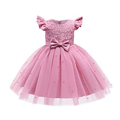Kids Little Girls' Dress Solid Colored Color Block A Line Dress Daily Vacation Lace Bow Blushing Pink White Midi Short Sleeve Casual Princess Dresses Summer Regular Fit 1-5 Years miniinthebox