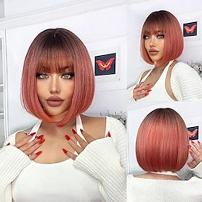 Fashion Half Red And Half Blonde Short Bob Wig Synthetic Wigs For Women 14inch Straight Wigs Heat Resistant Cosplay Halloween Party Lolita Natural Daily Hair Wigs miniinthebox