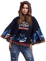 Casual Cartoon Batwing Sleeve Lacing Hooded Sweatshirt For Women