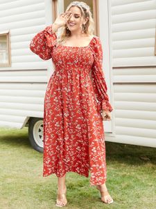 YOINS Plus Size Square Neck Calico Shirring Long Sleeves Maxi Dress