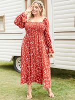 YOINS Plus Size Square Neck Calico Shirring Long Sleeves Maxi Dress - thumbnail