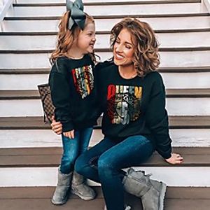 Mommy and Me Tops Cartoon Letter Print Black Long Sleeve Basic Matching Outfits Lightinthebox