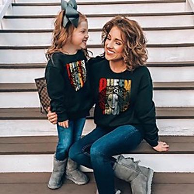 Mommy and Me Tops Cartoon Letter Print Black Long Sleeve Basic Matching Outfits Lightinthebox