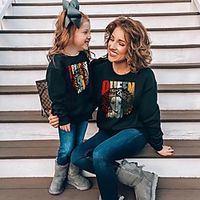 Mommy and Me Tops Cartoon Letter Print Black Long Sleeve Basic Matching Outfits Lightinthebox - thumbnail