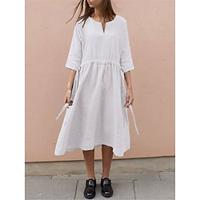 Women's Cotton Linen Blend Midi Dress Split Neck 3/4 Sleeve Pockets - Loose Fit for Spring/Summer White/Wine/Green Lightinthebox