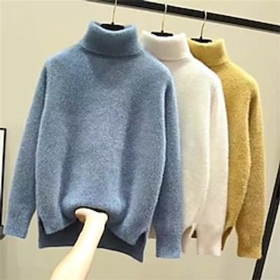 Women's Pullover Sweater Jumper Turtleneck Ribbed Knit Polyester Split Fall Winter Regular Outdoor Daily Going out Stylish Casual Soft Long Sleeve Solid Color White Yellow Pink One-Size miniinthebox