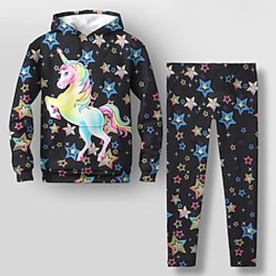 Girls' 3D Unicorn Stars Hoodie  Legging Set Long Sleeve 3D Print Fall Winter Active Fashion Daily Polyester Kids 3-12 Years Hooded Outdoor Date Vacation Regular Fit Lightinthebox