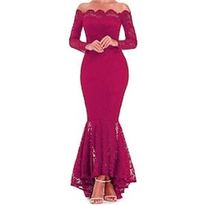 Women's Party Dress Lace Dress Sheath Dress Long Dress Maxi Dress Wine Long Sleeve Pure Color Lace Winter Fall Spring Off Shoulder Fashion Evening Party 2022 S M L XL XXL Lightinthebox