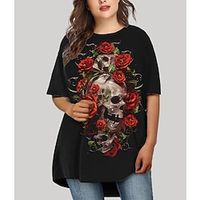 Women's Plus Size T Shirt Dress Tee Dress Floral Crew Neck Print Half Sleeve Fall Spring Basic Valentine's Day Short Mini Dress Causal Daily Dress  Graphic  Skull Lightinthebox - thumbnail