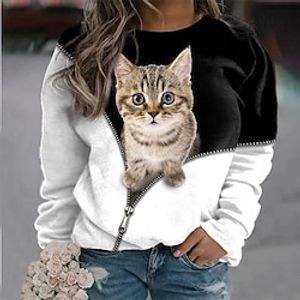 Women's Plus Size Tops Pullover Sweatshirt Hoodie Sweatshirt Animal Cat Print Long Sleeve Crew Neck Streetwear Casual Holiday Hoodie Daily Vacation Polyester Winter Fall Blue khaki Lightinthebox