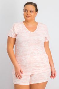 Womens Plus Size Camouflage Tee and Shorts Set  Pink