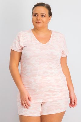 Womens Plus Size Camouflage Tee and Shorts Set  Pink
