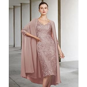 Two Piece Sheath  Column Mother of the Bride Dress Elegant V Neck Knee Length Chiffon Lace Half Sleeve with Appliques 2022 Lightinthebox