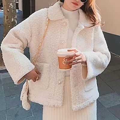Women's Sherpa jacket Fleece Jacket Teddy Coat Windproof Warm Outdoor Work Street Daily Pocket Single Breasted Turndown OL Style Elegant Lady Modern Solid Color Regular Fit Outerwear Long Sleeve Lightinthebox