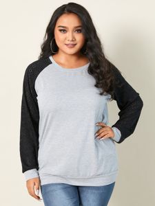 Plus Size Round Neck Patchwork Hollow Design Long Sleeves Sweatshirt
