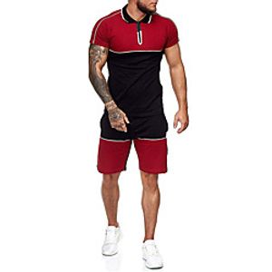 Men's Set Shirt non-printing Color Block Drawstring Short Sleeve Daily Tops Basic Blue Yellow Wine / Sports miniinthebox