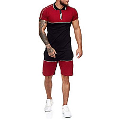 Men's Set Shirt non-printing Color Block Drawstring Short Sleeve Daily Tops Basic Blue Yellow Wine / Sports miniinthebox