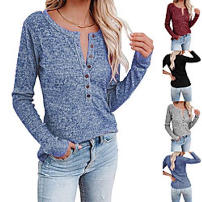 Women's Shirt Button Solid Colored Modern Round Neck Regular Spring   Fall Blue Black Grey Red Lightinthebox