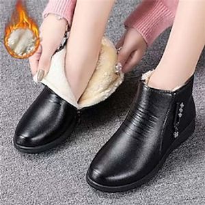 Women's Boots Platform Boots Snow Boots Soft Shoes Daily Booties Ankle Boots Rhinestone Flat Heel Round Toe Plush Comfort Minimalism Faux Leather Zipper Solid Color Wine Black Lightinthebox