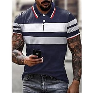 Men's Polo Shirt Golf Shirt Striped Graphic Prints Turndown Navy Blue Gray Outdoor Street Short Sleeves Button-Down Print Clothing Apparel Sports Fashion Streetwear Designer Lightinthebox