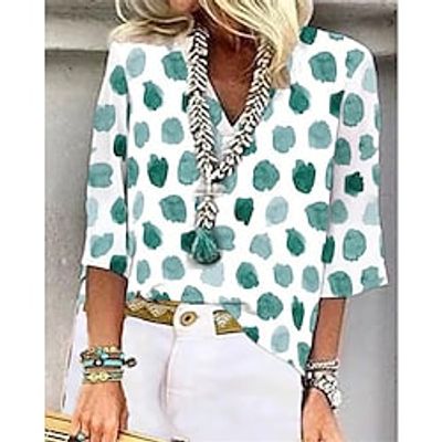 Women's Shirt Blouse Yellow Blue Green Polka Dot Print 3/4 Length Sleeve Casual Basic V Neck Regular S miniinthebox