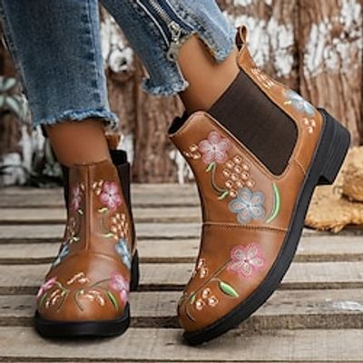 Women's Boots Chelsea Boots Combat Boots Plus Size Daily Booties Ankle Boots Flat Heel Vacation Vintage Fashion PU Loafer Floral Black Brown Lightinthebox