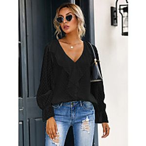Women's Blouse Eyelet top Shirt Plain Long Sleeve Ruffle V Neck Basic Streetwear Tops Chiffon Green White Black Lightinthebox