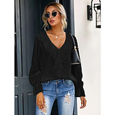 Women's Blouse Eyelet top Shirt Plain Long Sleeve Ruffle V Neck Basic Streetwear Tops Chiffon Green White Black Lightinthebox