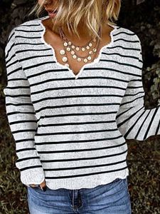 V-neck Striped Jacquard Loose Casual Sweater Pullover
