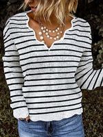V-neck Striped Jacquard Loose Casual Sweater Pullover - thumbnail