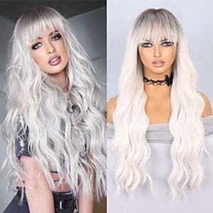 Cosplay Costume Wig Synthetic Wig Wavy Deep Wave Neat Bang Machine Made Wig 24 inch Black-white Synthetic Hair Women's Soft Party Comfortable Mixed Color Lightinthebox
